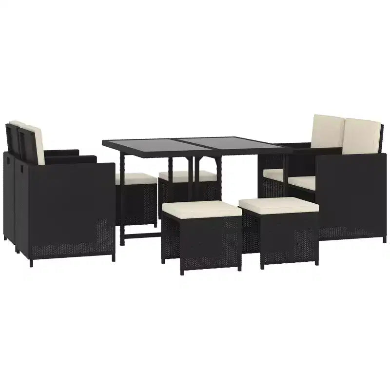 9 Pieces Outdoor Dining Set for 8, Space Saving Wicker Chairs and Square Glass Table with Cushions and Ottomans
