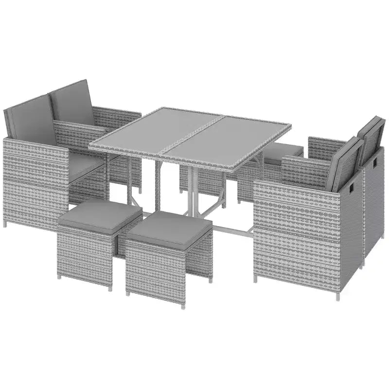 Ensemble de salle à manger extérieur 9 pièces pour 8 personnes, chaises en osier peu encombrantes et table carrée en verre avec coussins et poufs