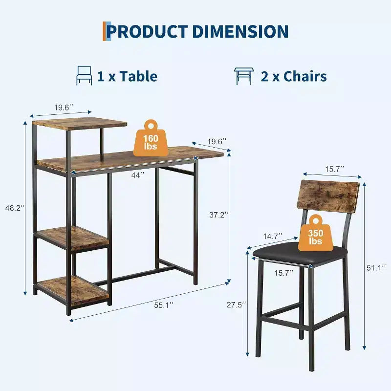 Ensemble de table à manger 2 personnes avec étagère de rangement et casier à vin, adapté pour le salon ou la chambre.