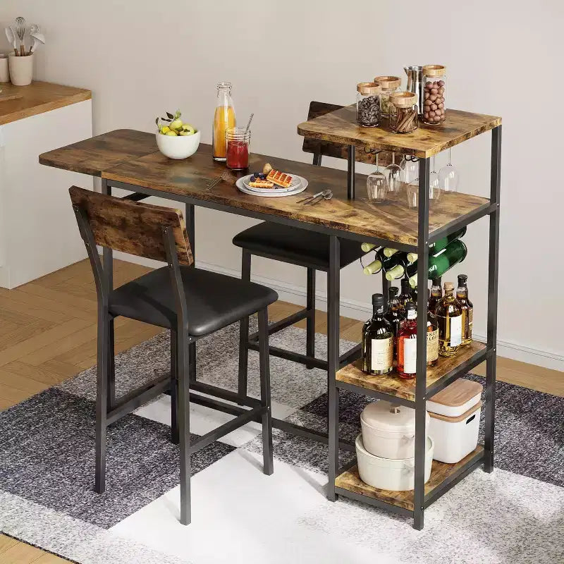 Ensemble de table à manger 2 personnes avec étagère de rangement et casier à vin, adapté pour le salon ou la chambre.