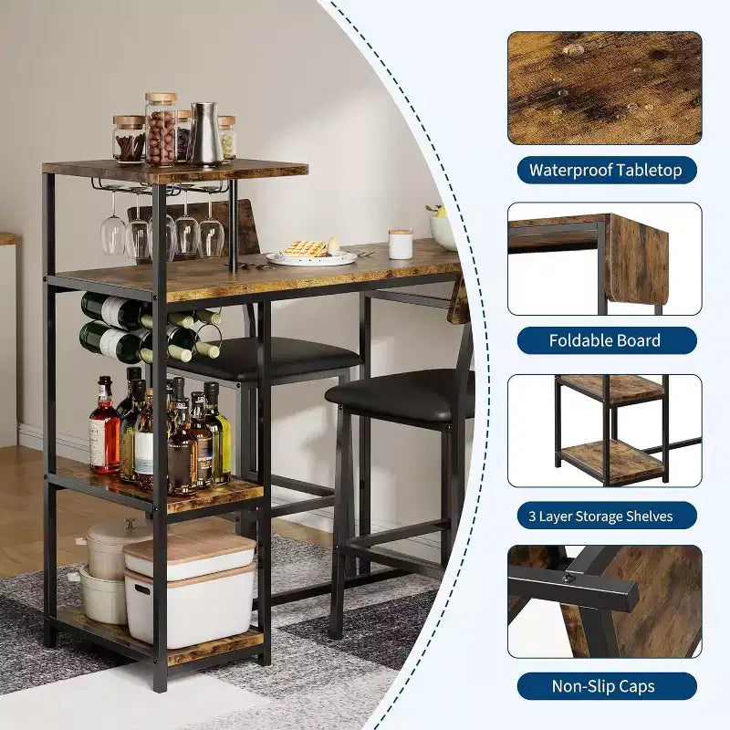 Ensemble de table à manger 2 personnes avec étagère de rangement et casier à vin, adapté pour le salon ou la chambre.