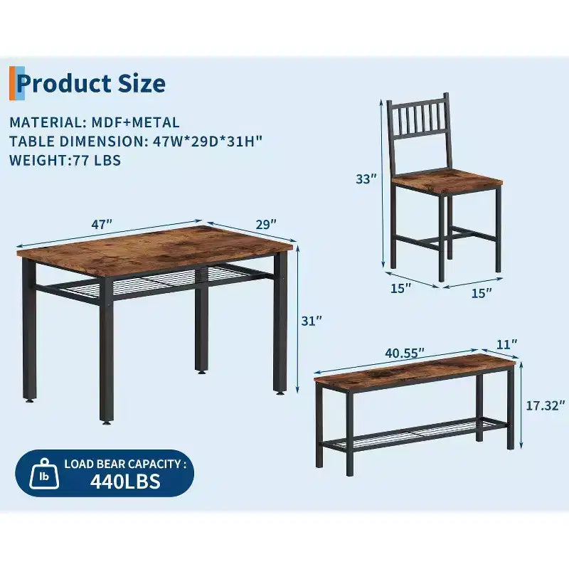 Ensemble de table à manger pour 4 personnes, table de cuisine, 2 chaises, banc et étagère de rangement, mobilier de salle à manger à structure métallique, pour salle à manger, cuisine, appartement