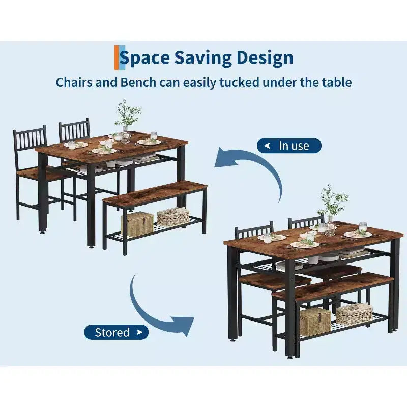 Ensemble de table à manger pour 4 personnes, table de cuisine, 2 chaises, banc et étagère de rangement, mobilier de salle à manger à structure métallique, pour salle à manger, cuisine, appartement