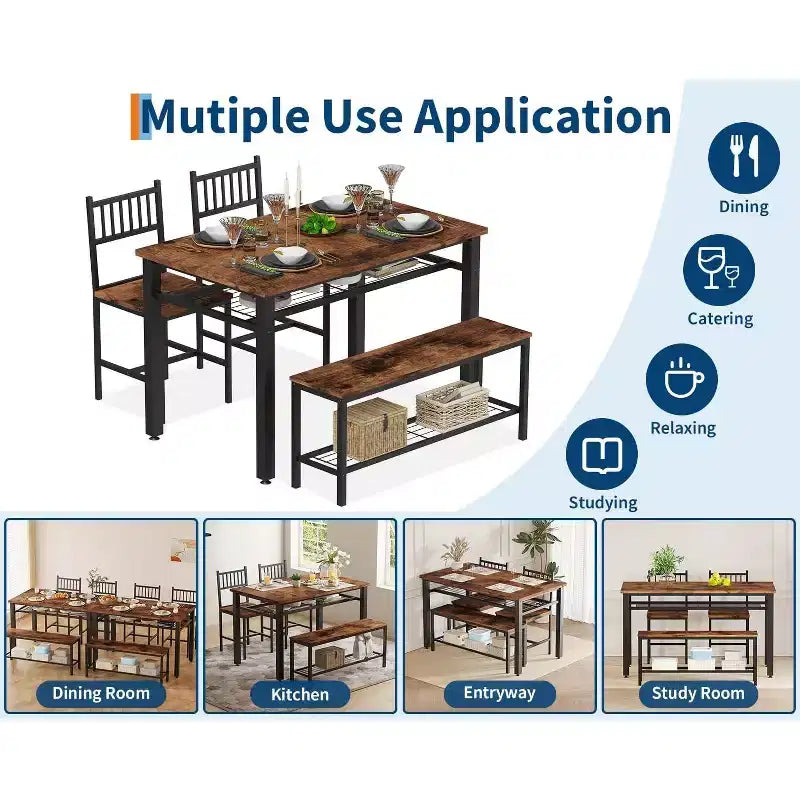 Ensemble de table à manger pour 4 personnes, table de cuisine, 2 chaises, banc et étagère de rangement, mobilier de salle à manger à structure métallique, pour salle à manger, cuisine, appartement