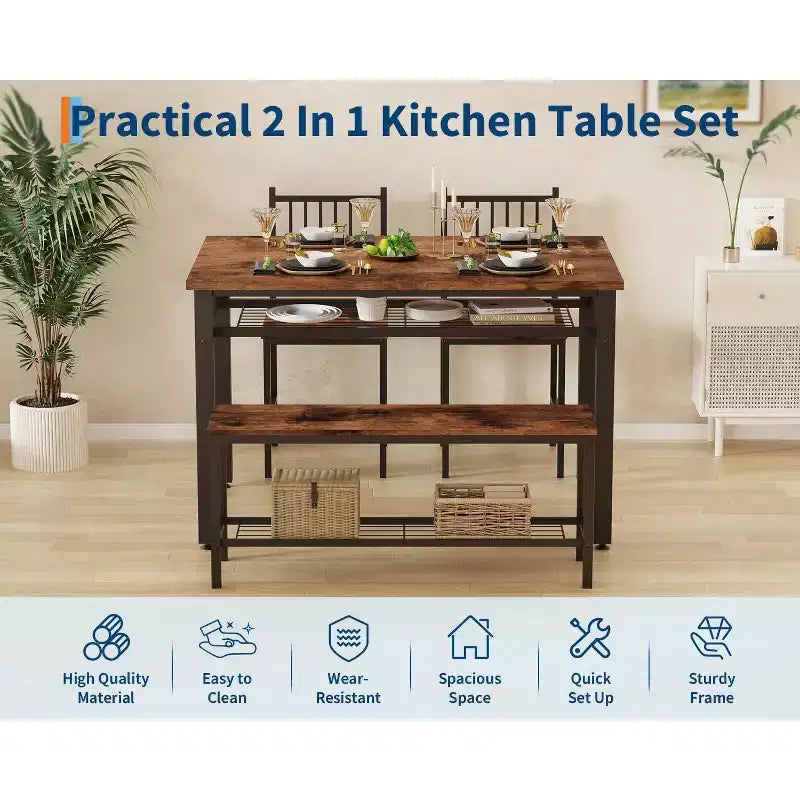 Ensemble de table à manger pour 4 personnes, table de cuisine, 2 chaises, banc et étagère de rangement, mobilier de salle à manger à structure métallique, pour salle à manger, cuisine, appartement