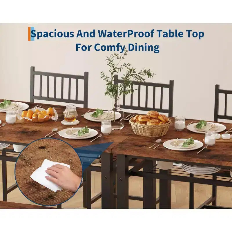 Ensemble de table à manger pour 4 personnes, table de cuisine, 2 chaises, banc et étagère de rangement, mobilier de salle à manger à structure métallique, pour salle à manger, cuisine, appartement