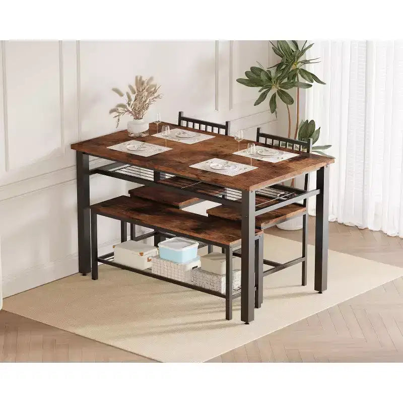 Ensemble de table à manger pour 4 personnes, table de cuisine, 2 chaises, banc et étagère de rangement, mobilier de salle à manger à structure métallique, pour salle à manger, cuisine, appartement
