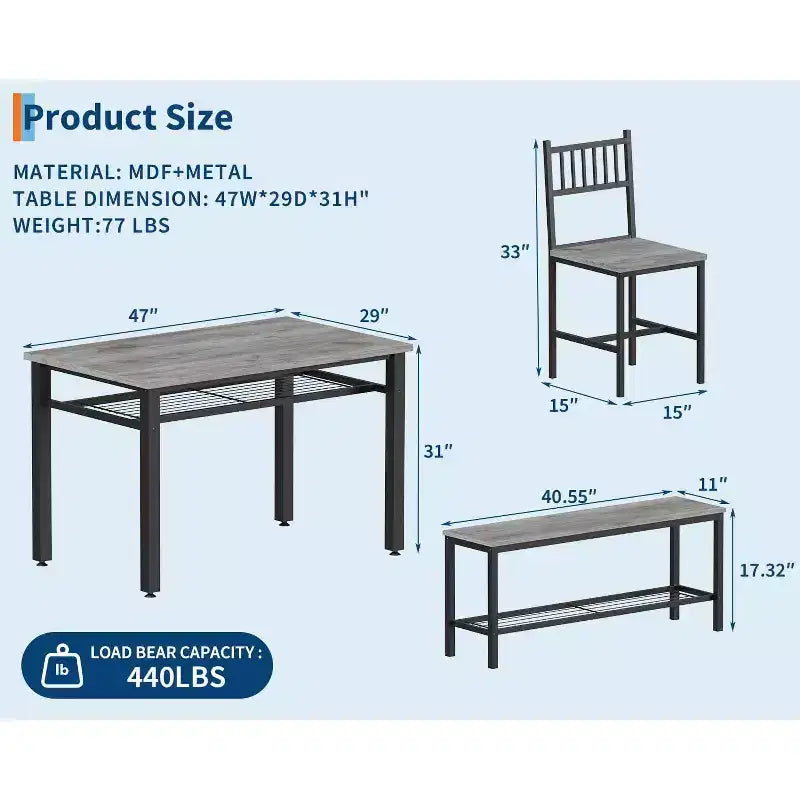 Ensemble de table à manger pour 4 personnes, table de cuisine, 2 chaises, banc et étagère de rangement, mobilier de salle à manger à structure métallique, pour salle à manger, cuisine, appartement
