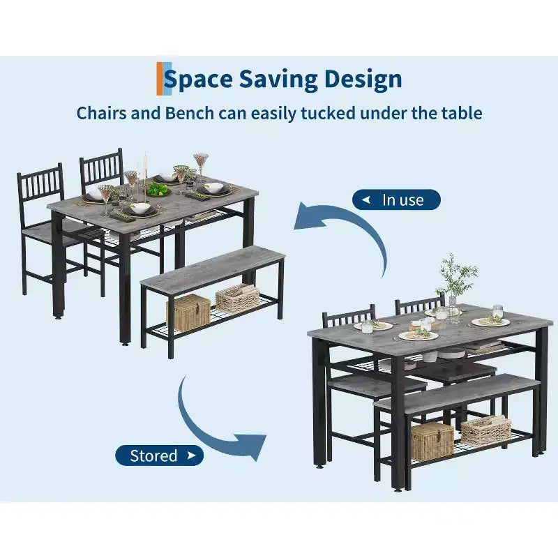 Ensemble de table à manger pour 4 personnes, table de cuisine, 2 chaises, banc et étagère de rangement, mobilier de salle à manger à structure métallique, pour salle à manger, cuisine, appartement