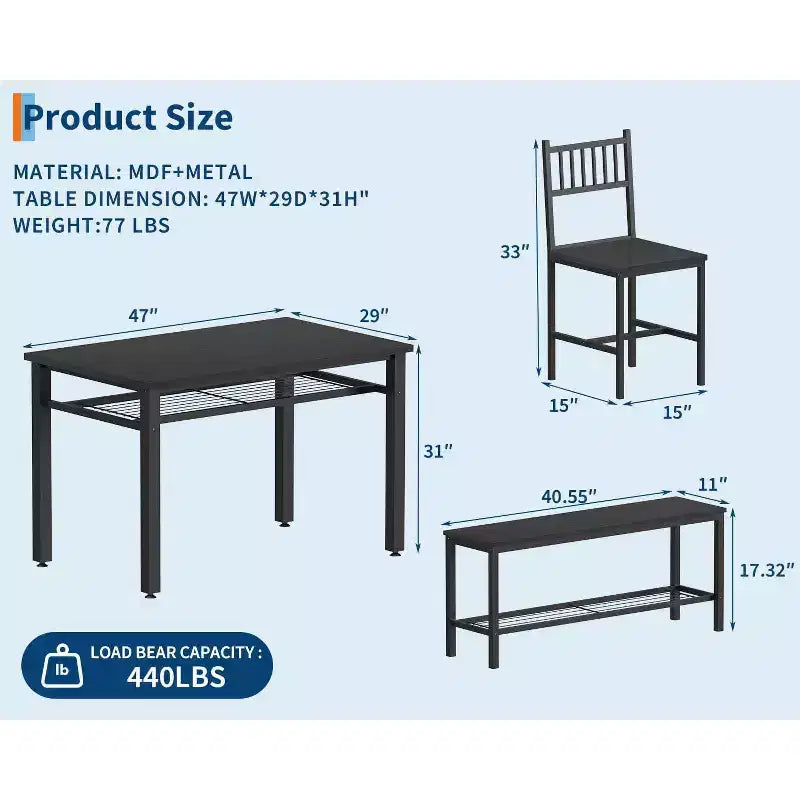 Ensemble de table à manger pour 4 personnes, table de cuisine, 2 chaises, banc et étagère de rangement, mobilier de salle à manger à structure métallique, pour salle à manger, cuisine, appartement