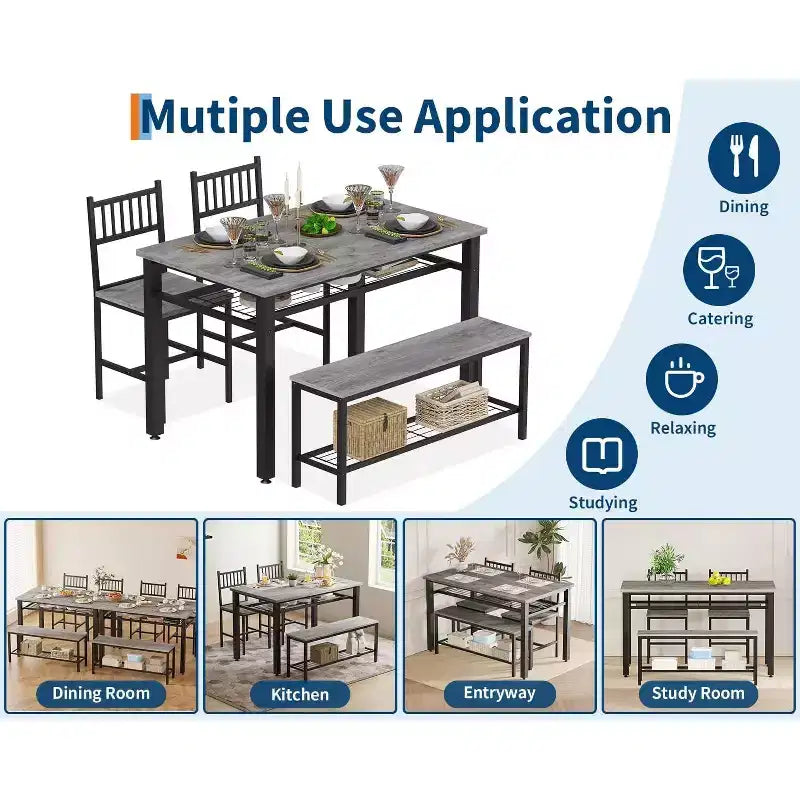 Ensemble de table à manger pour 4 personnes, table de cuisine, 2 chaises, banc et étagère de rangement, mobilier de salle à manger à structure métallique, pour salle à manger, cuisine, appartement