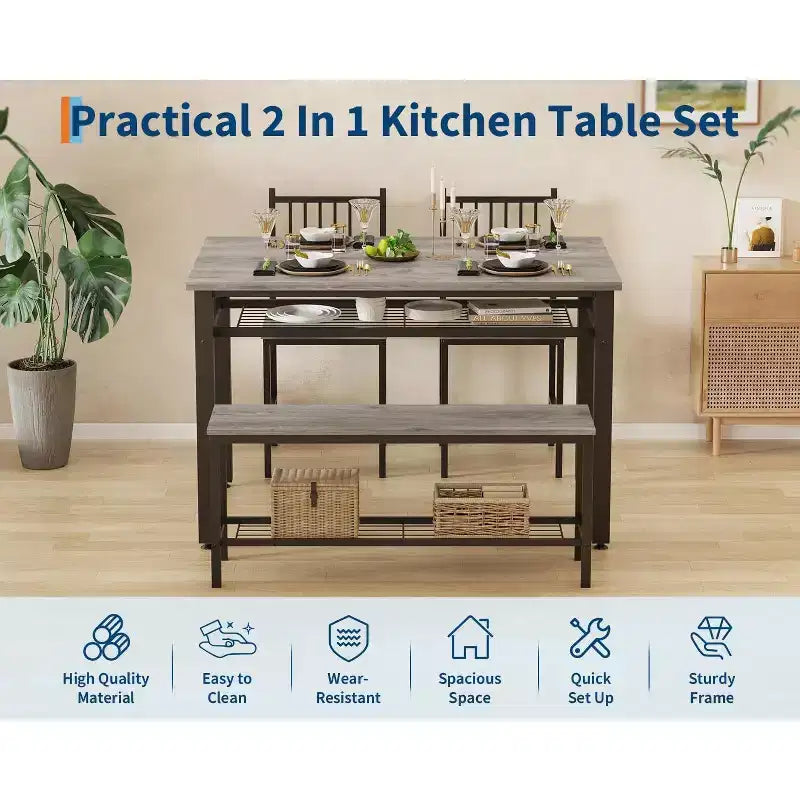 Ensemble de table à manger pour 4 personnes, table de cuisine, 2 chaises, banc et étagère de rangement, mobilier de salle à manger à structure métallique, pour salle à manger, cuisine, appartement
