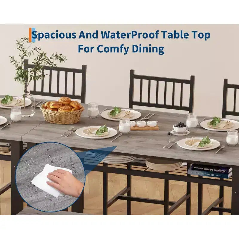 Ensemble de table à manger pour 4 personnes, table de cuisine, 2 chaises, banc et étagère de rangement, mobilier de salle à manger à structure métallique, pour salle à manger, cuisine, appartement