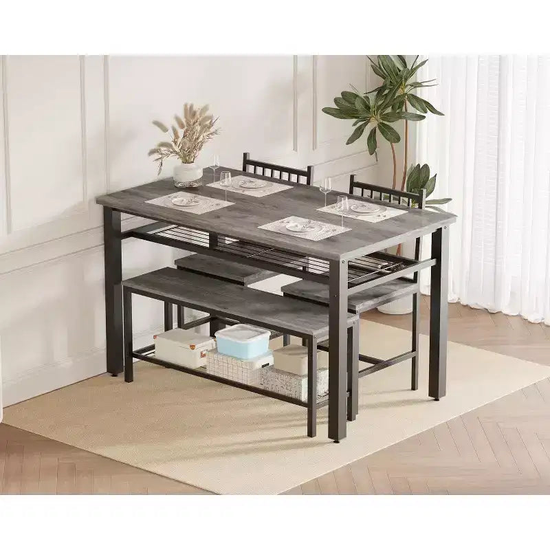Ensemble de table à manger pour 4 personnes, table de cuisine, 2 chaises, banc et étagère de rangement, mobilier de salle à manger à structure métallique, pour salle à manger, cuisine, appartement