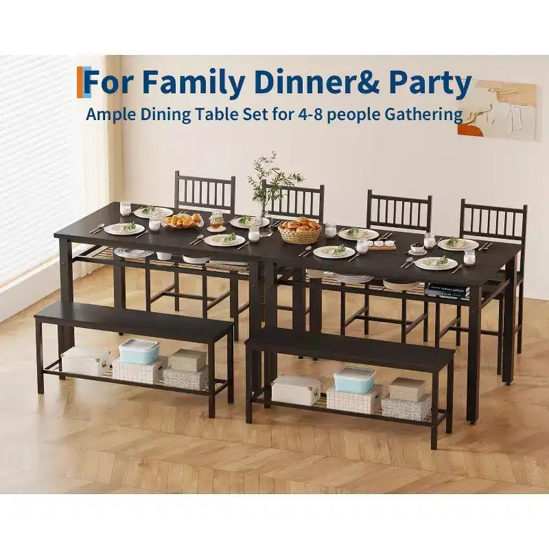 Ensemble de table à manger pour 4 personnes, table de cuisine, 2 chaises, banc et étagère de rangement, mobilier de salle à manger à structure métallique, pour salle à manger, cuisine, appartement