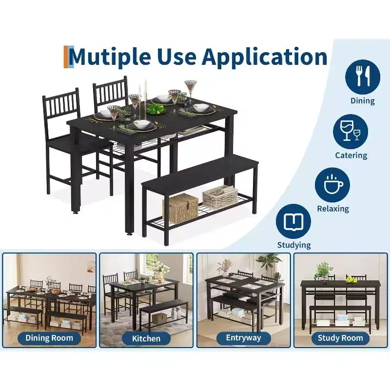 Ensemble de table à manger pour 4 personnes, table de cuisine, 2 chaises, banc et étagère de rangement, mobilier de salle à manger à structure métallique, pour salle à manger, cuisine, appartement