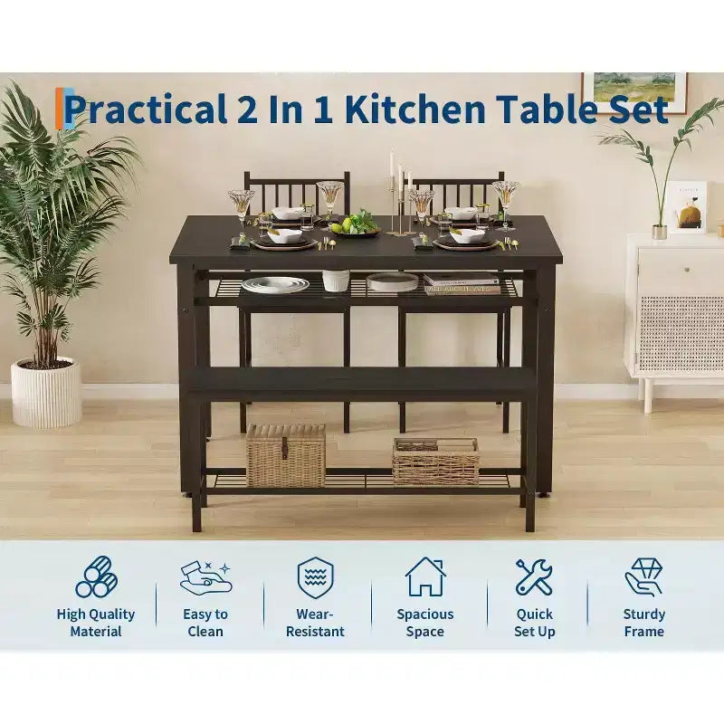 Ensemble de table à manger pour 4 personnes, table de cuisine, 2 chaises, banc et étagère de rangement, mobilier de salle à manger à structure métallique, pour salle à manger, cuisine, appartement