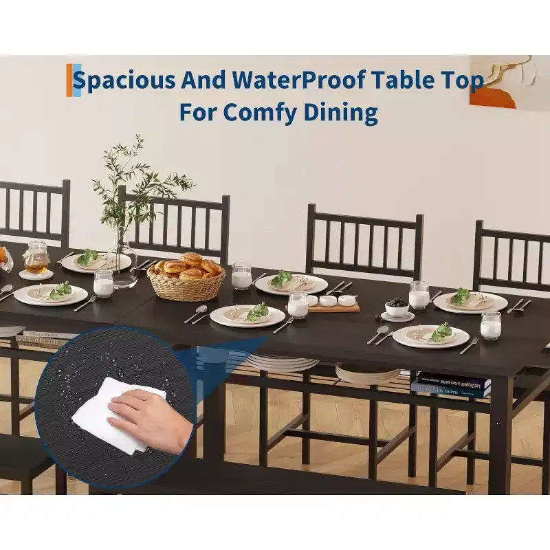 Ensemble de table à manger pour 4 personnes, table de cuisine, 2 chaises, banc et étagère de rangement, mobilier de salle à manger à structure métallique, pour salle à manger, cuisine, appartement