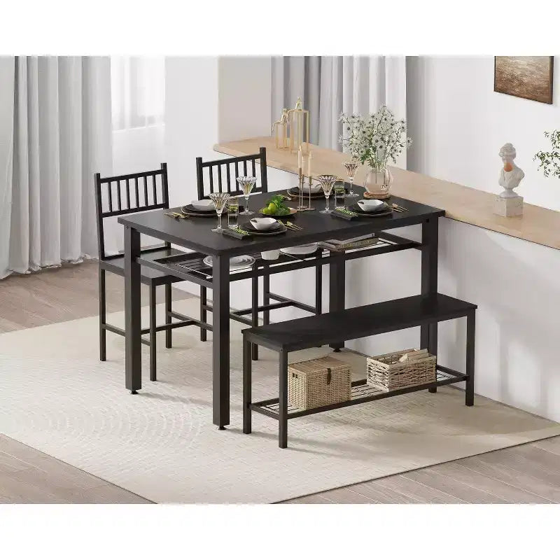 Ensemble de table à manger pour 4 personnes, table de cuisine, 2 chaises, banc et étagère de rangement, mobilier de salle à manger à structure métallique, pour salle à manger, cuisine, appartement