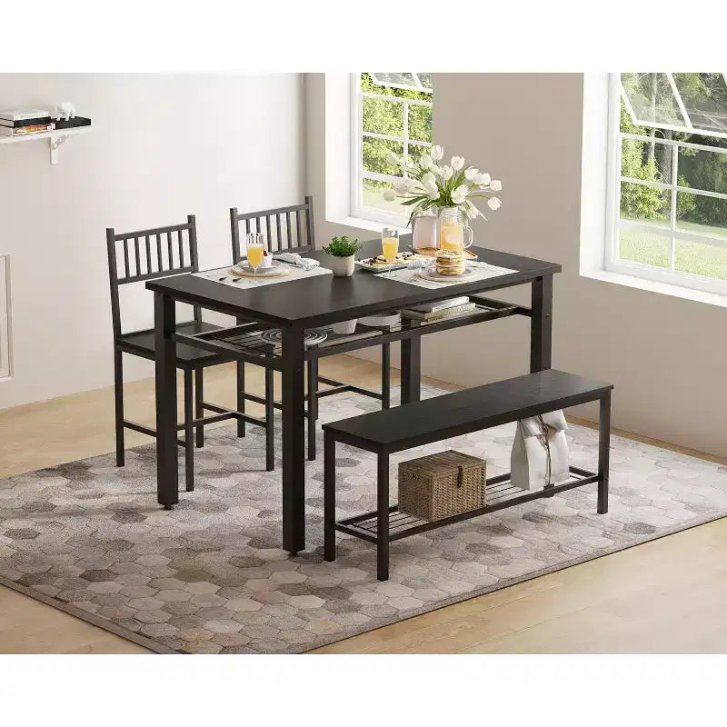 Dining Table Set for 4 People, Kitchen Table, 2 Chairs, Bench & Storage Rack, Metal Frame Dining Furniture, for Dining Room, Kitchen, Apartment