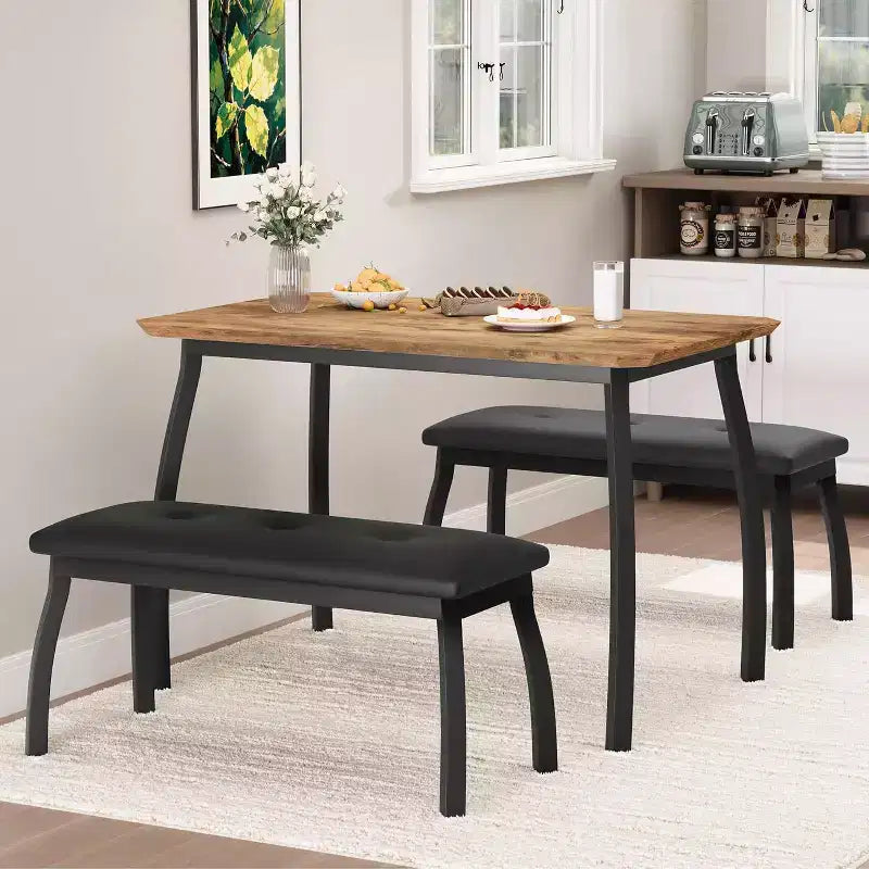 Ensemble Table à Manger pour 4, Ensemble de Cuisine 3 Pièces avec Cadre en Métal et 2 Bancs Rembourrés, Gain de Place, pour Appartement, Studio, Maison, Gris