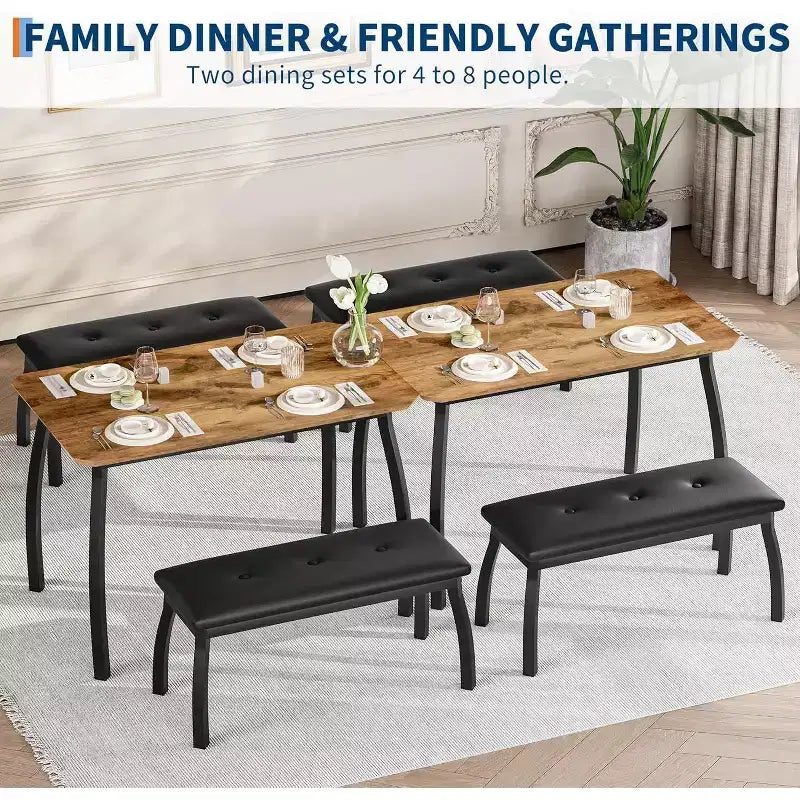 Ensemble Table à Manger pour 4, Ensemble de Cuisine 3 Pièces avec Cadre en Métal et 2 Bancs Rembourrés, Gain de Place, pour Appartement, Studio, Maison, Gris