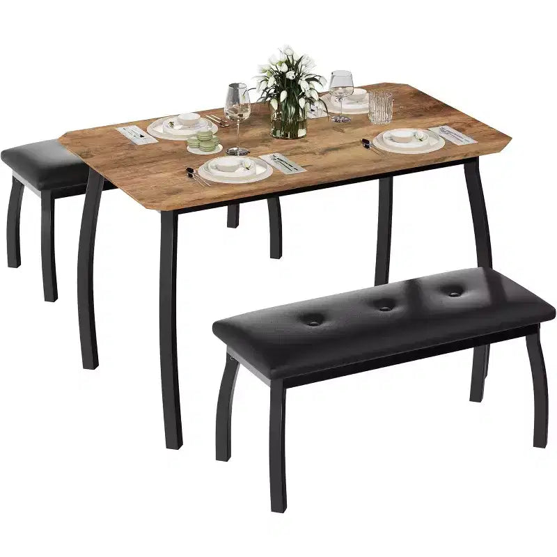 Ensemble Table à Manger pour 4, Ensemble de Cuisine 3 Pièces avec Cadre en Métal et 2 Bancs Rembourrés, Gain de Place, pour Appartement, Studio, Maison, Gris