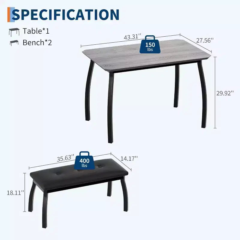 Ensemble Table à Manger pour 4, Ensemble de Cuisine 3 Pièces avec Cadre en Métal et 2 Bancs Rembourrés, Gain de Place, pour Appartement, Studio, Maison, Gris