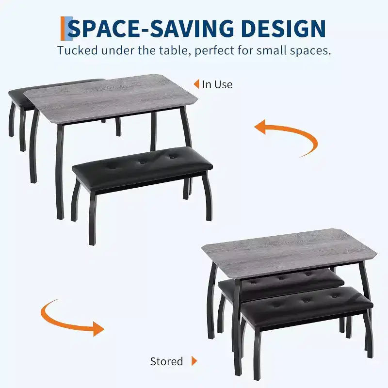 Ensemble Table à Manger pour 4, Ensemble de Cuisine 3 Pièces avec Cadre en Métal et 2 Bancs Rembourrés, Gain de Place, pour Appartement, Studio, Maison, Gris