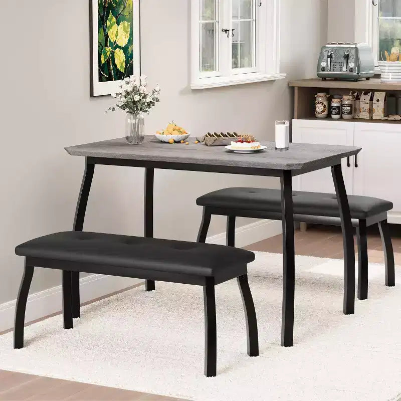 Ensemble Table à Manger pour 4, Ensemble de Cuisine 3 Pièces avec Cadre en Métal et 2 Bancs Rembourrés, Gain de Place, pour Appartement, Studio, Maison, Gris