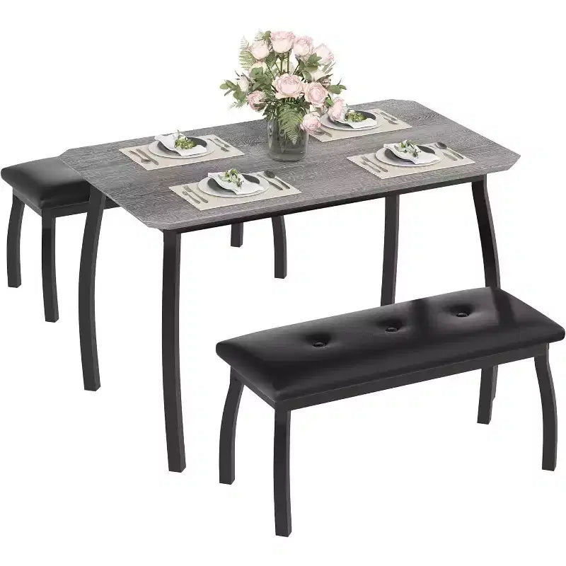 Ensemble Table à Manger pour 4, Ensemble de Cuisine 3 Pièces avec Cadre en Métal et 2 Bancs Rembourrés, Gain de Place, pour Appartement, Studio, Maison, Gris