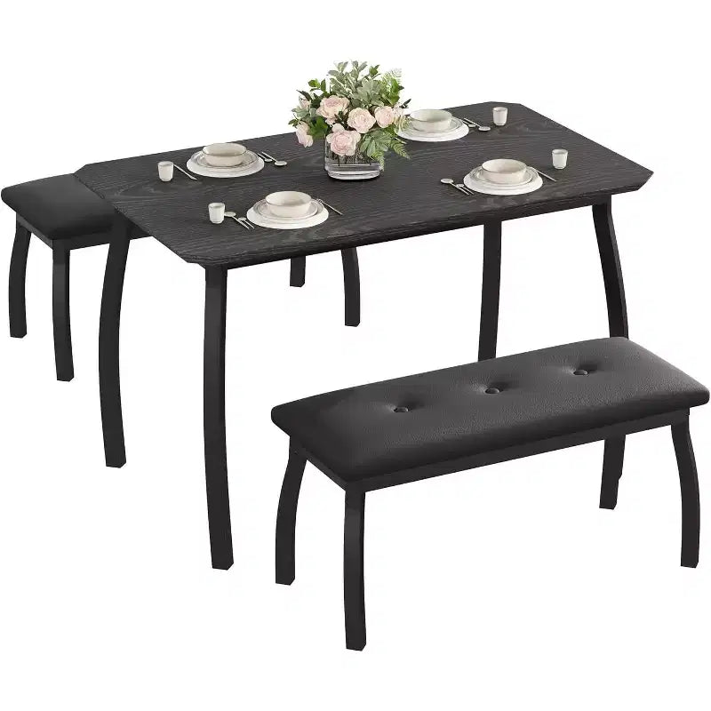 Ensemble Table à Manger pour 4, Ensemble de Cuisine 3 Pièces avec Cadre en Métal et 2 Bancs Rembourrés, Gain de Place, pour Appartement, Studio, Maison, Gris