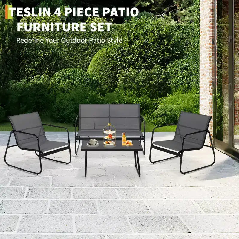 Ensemble de conversation de patio 4 pièces en textilène, ensemble de conversation d'extérieur avec un banc, deux chaises individuelles et une table