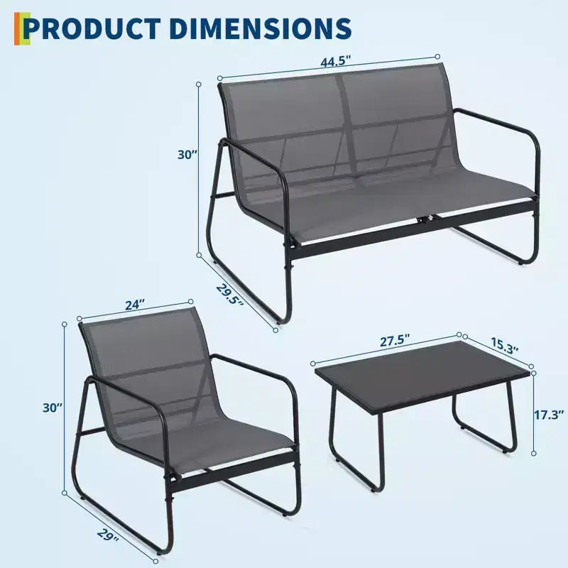 Ensemble de conversation de patio 4 pièces en textilène, ensemble de conversation d'extérieur avec un banc, deux chaises individuelles et une table