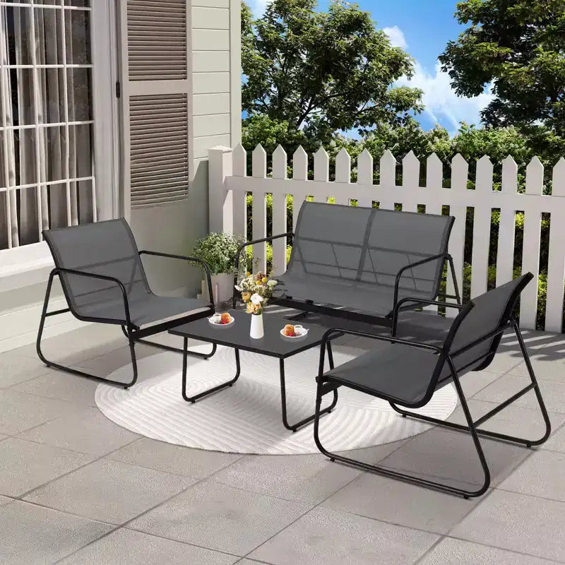 Ensemble de conversation de patio 4 pièces en textilène, ensemble de conversation d'extérieur avec un banc, deux chaises individuelles et une table