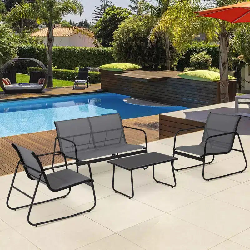 Ensemble de conversation de patio 4 pièces en textilène, ensemble de conversation d'extérieur avec un banc, deux chaises individuelles et une table