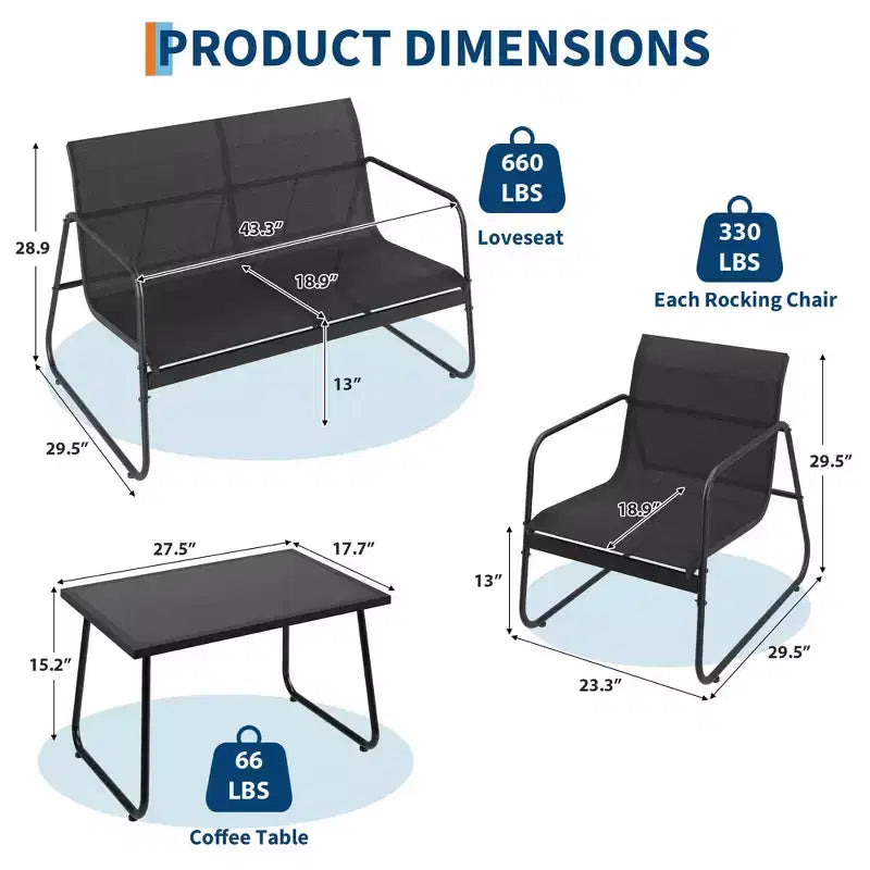 Ensemble de conversation de patio 4 pièces en textilène, ensemble de conversation d'extérieur avec un banc, deux chaises individuelles et une table