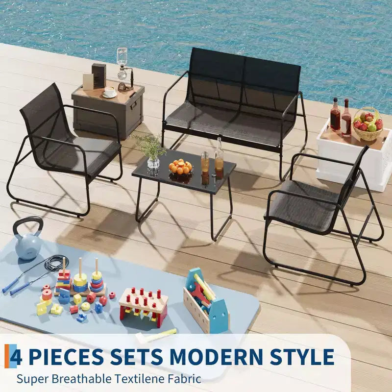 Ensemble de conversation de patio 4 pièces en textilène, ensemble de conversation d'extérieur avec un banc, deux chaises individuelles et une table