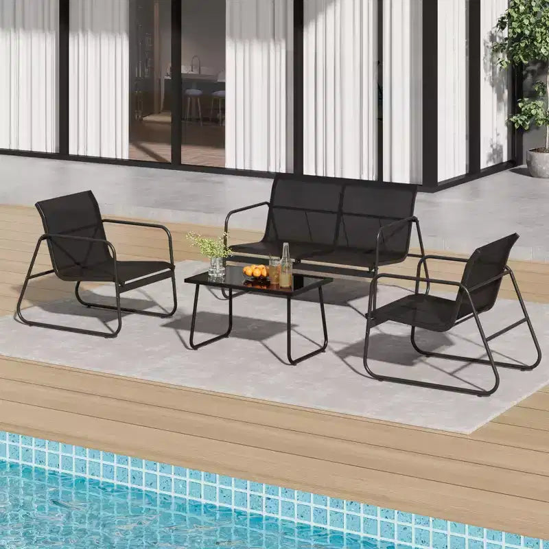 4 Piece Patio Conversation Set Textilene, Outdoor Conversation Set with One Love Seat, Two Single Chairs and One Table