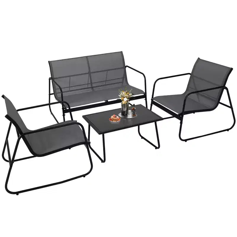Ensemble de conversation de patio 4 pièces en textilène, ensemble de conversation d'extérieur avec un banc, deux chaises individuelles et une table