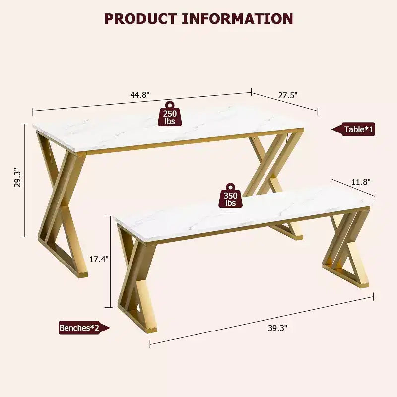 Ensemble Table et Bancs de Cuisine Rétro pour 4 Personnes, Peu Encombrant, avec 2 Bancs et Cadre en Métal Robuste en Forme de X, Idéal pour Petites Cuisines et Appartements