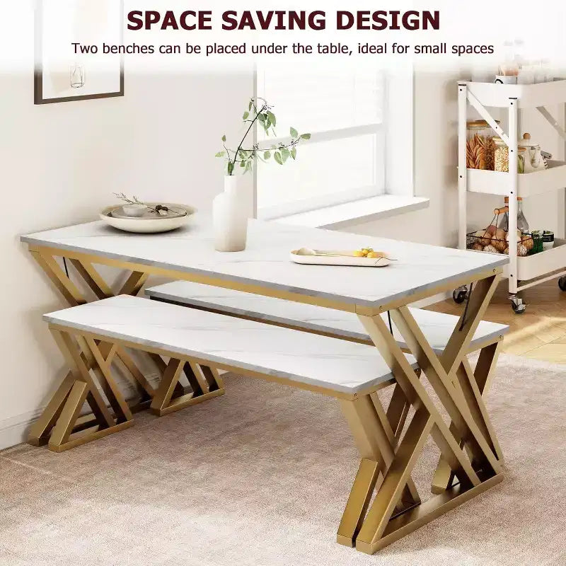 Ensemble Table et Bancs de Cuisine Rétro pour 4 Personnes, Peu Encombrant, avec 2 Bancs et Cadre en Métal Robuste en Forme de X, Idéal pour Petites Cuisines et Appartements