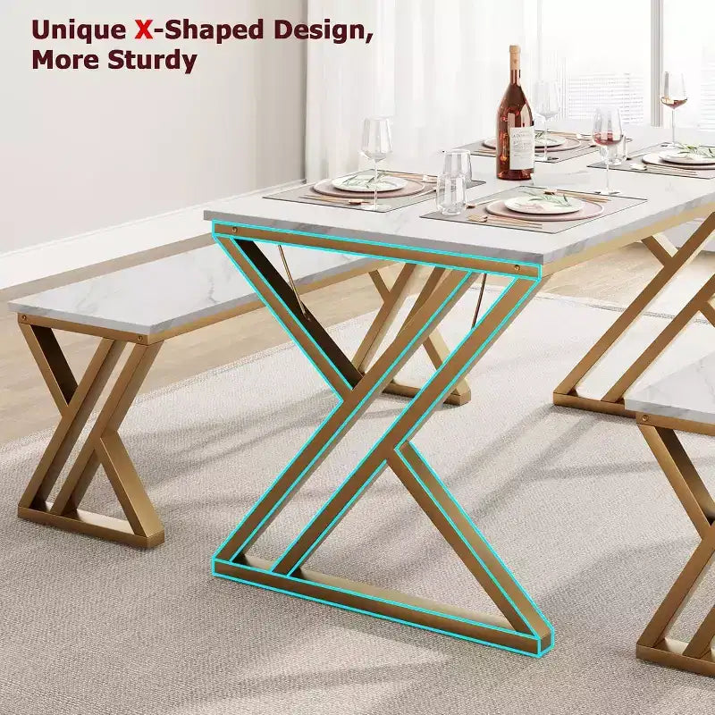 Ensemble Table et Bancs de Cuisine Rétro pour 4 Personnes, Peu Encombrant, avec 2 Bancs et Cadre en Métal Robuste en Forme de X, Idéal pour Petites Cuisines et Appartements