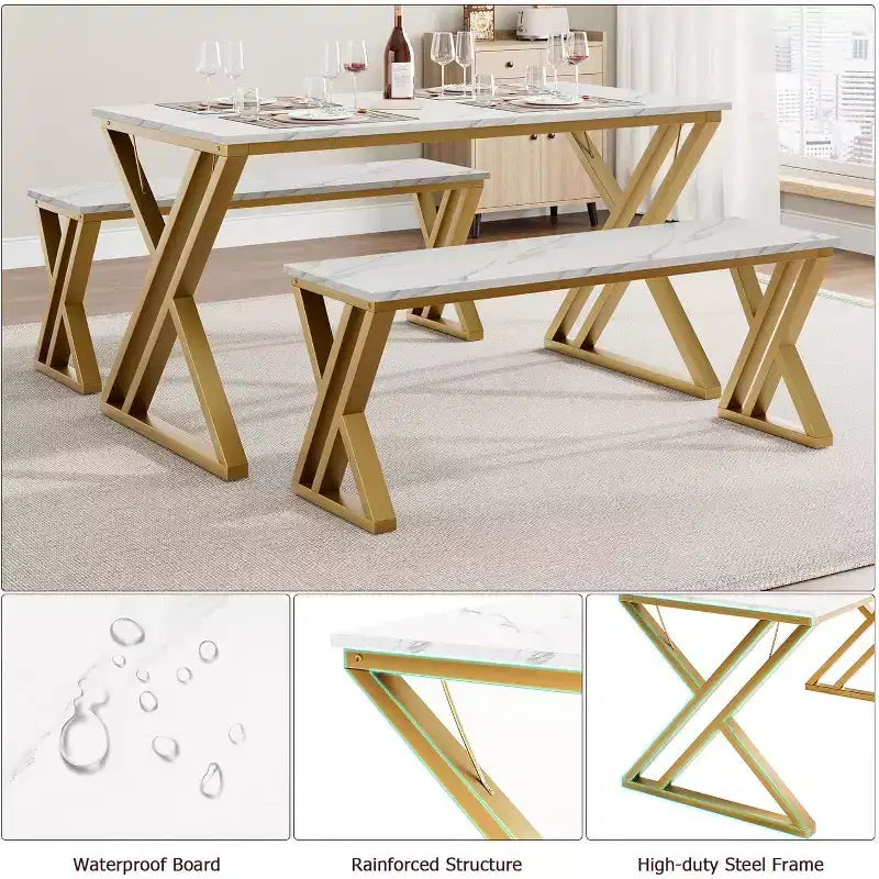 Ensemble Table et Bancs de Cuisine Rétro pour 4 Personnes, Peu Encombrant, avec 2 Bancs et Cadre en Métal Robuste en Forme de X, Idéal pour Petites Cuisines et Appartements