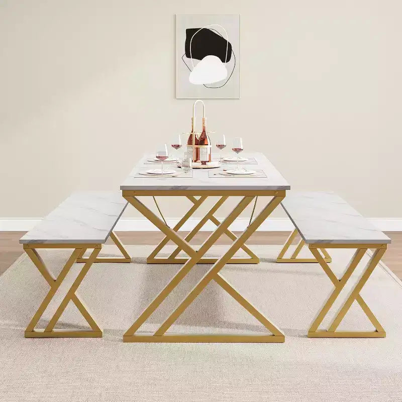 Ensemble Table et Bancs de Cuisine Rétro pour 4 Personnes, Peu Encombrant, avec 2 Bancs et Cadre en Métal Robuste en Forme de X, Idéal pour Petites Cuisines et Appartements