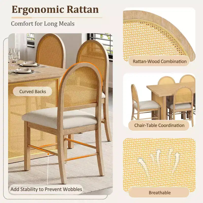 Ensemble de salle à manger rustique 7 pièces avec cadre en bois et accents en rotin, ensemble de salle à manger avec 6 chaises de salle à manger en rotin pour salle à manger - Panipeachy