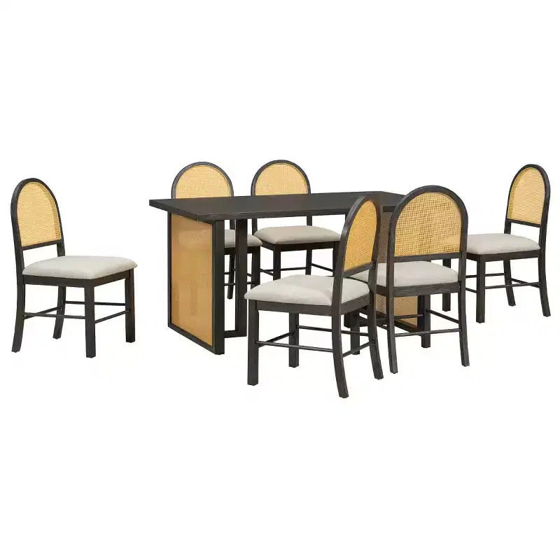 Ensemble de salle à manger rustique 7 pièces avec cadre en bois et accents en rotin, ensemble de salle à manger avec 6 chaises de salle à manger en rotin pour salle à manger - Panipeachy