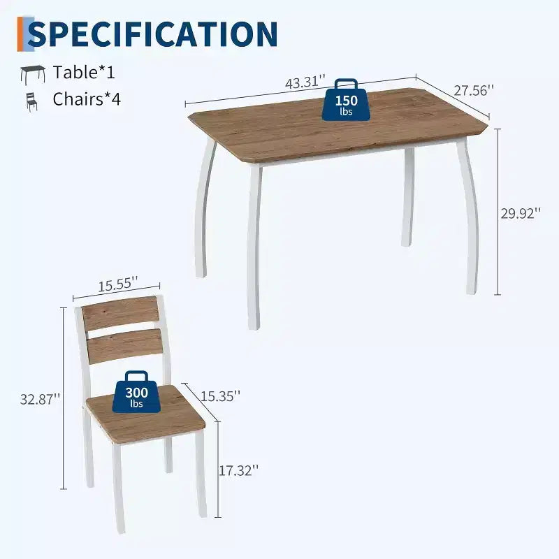 Ensemble de salle à manger 5 pièces pour 4 – Table de cuisine et chaises en bois peu encombrantes – Table compacte pour petits espaces, appartement