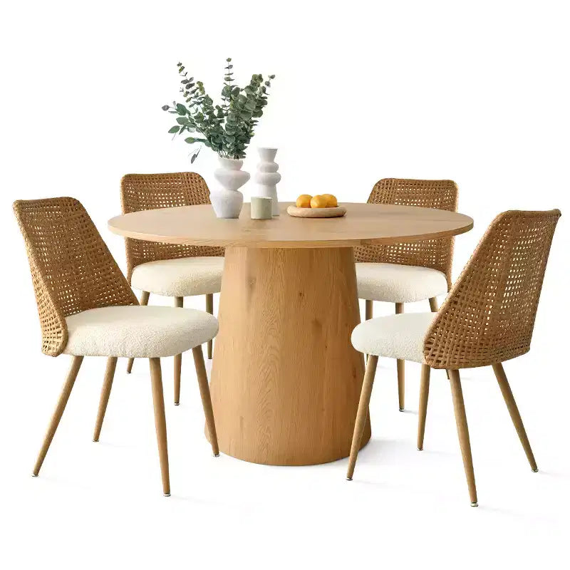 Ensemble de salle à manger rond 5 pièces, table à piédestal de 117 cm avec 4 chaises en rotin et tissu bouclé, ensemble de salle à manger style ferme côtière - Panipeachy