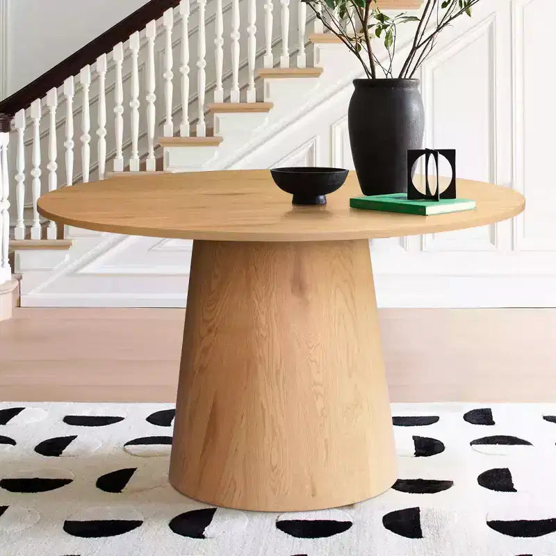 Ensemble de salle à manger rond 5 pièces, table à piédestal de 117 cm avec 4 chaises en rotin et tissu bouclé, ensemble de salle à manger style ferme côtière - Panipeachy